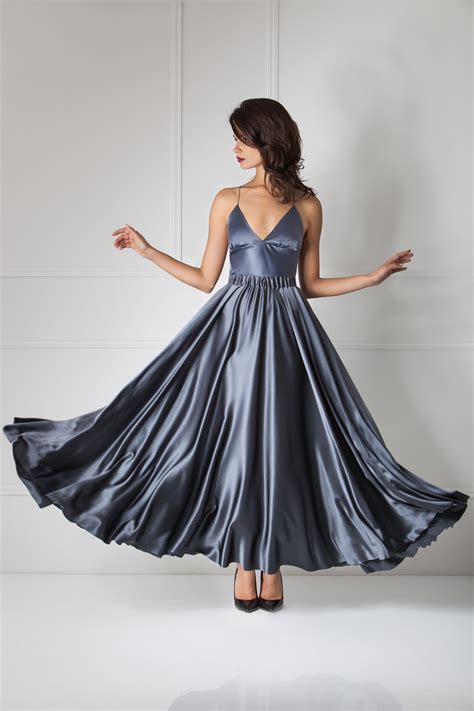 Steel Gray Long Printed Satin Dress 